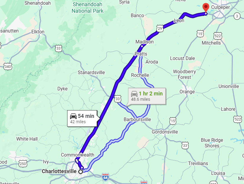Getting from Charlottesville, Virginia, to Chrysler of Culpeper